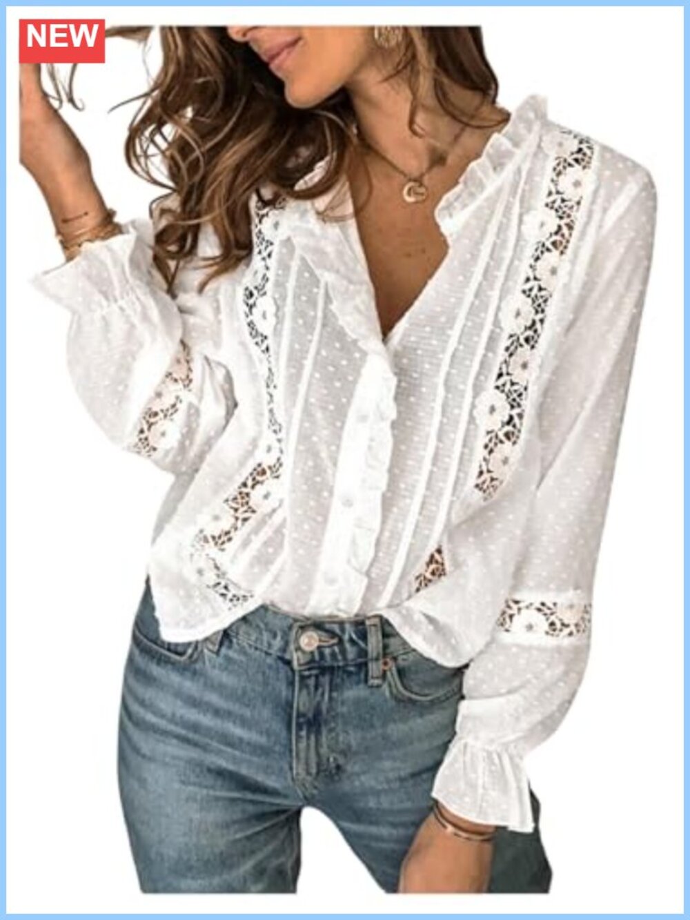 Women's Floral Lace Peasant Blouse Ruffled Button Down Long Sleeve Top